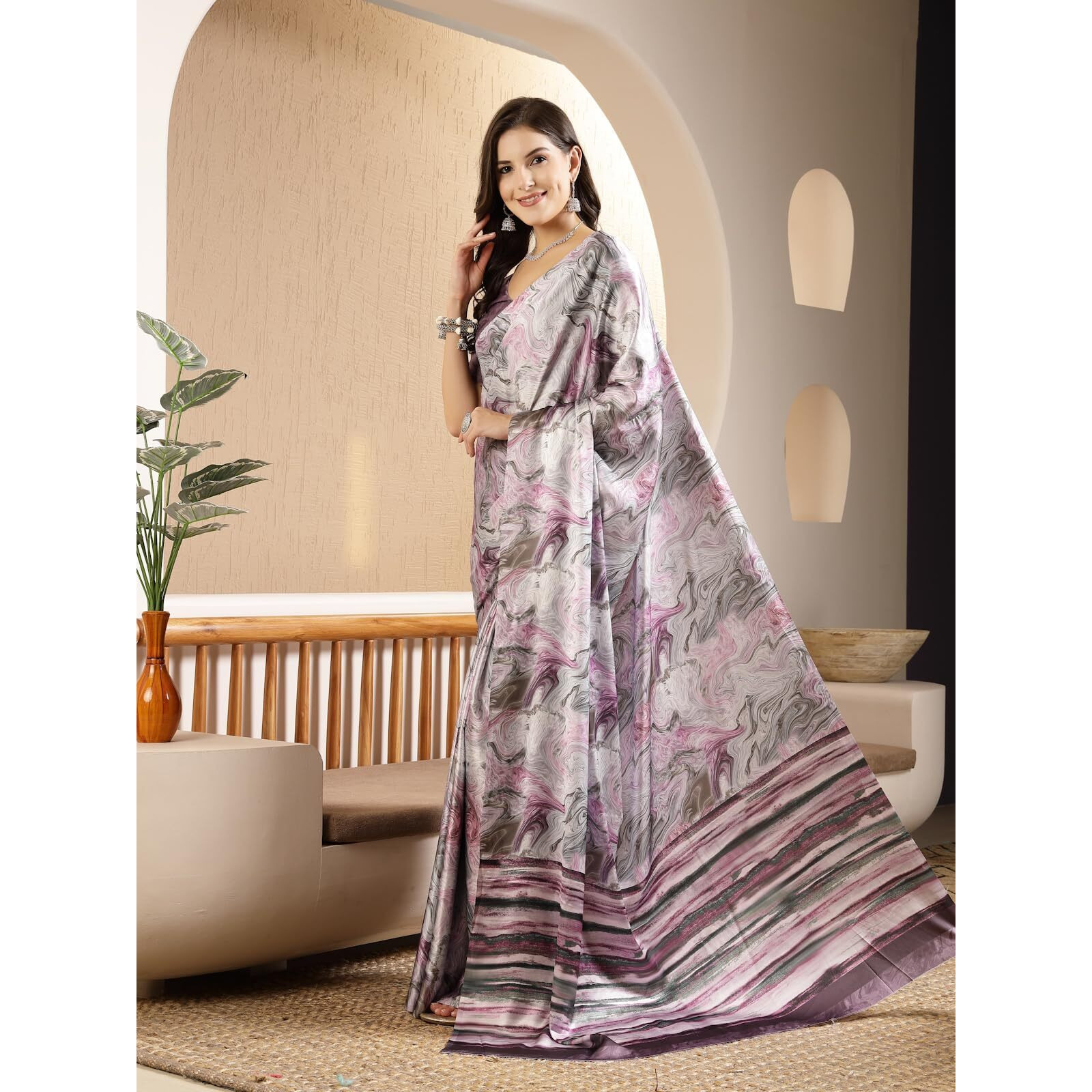 Stylum Women's Marble Print Satin Saree (Srmarblepurple_Purple)