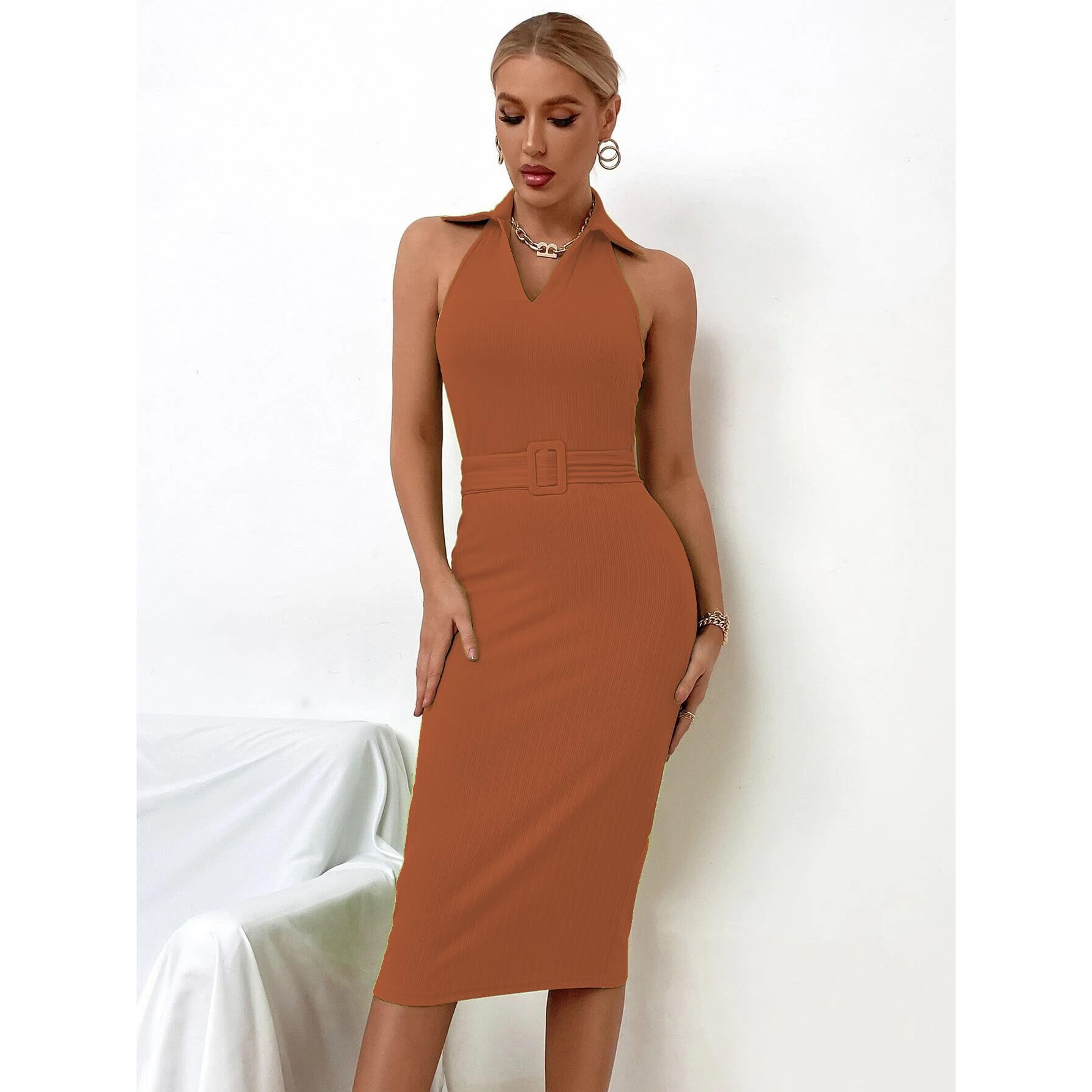 Sugathari Solid Women Rust Orange, V-Neck Ribbed Knit Sleeveless Bodycon Dress (Midi 103 Rust Xl)