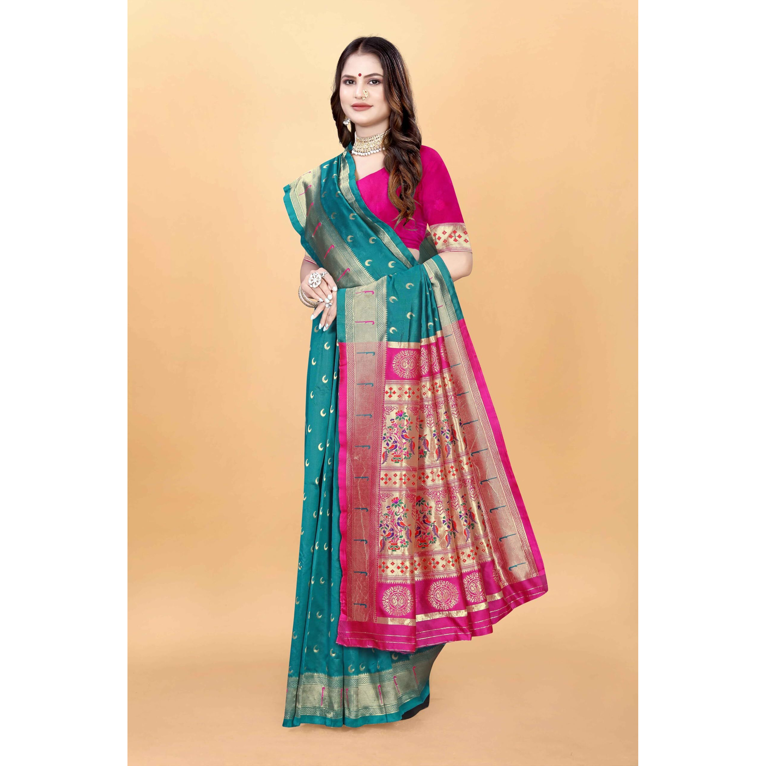 Sugathari Women's Banarasi Saree Pure Paithani Kanjivaram Silk Soft New Ladies 2024 Design Wear Pattu Sarees Latest Cotton Party Sari Collections With Blouse Piece For Wedding Sadi (Pari-206 Rama)