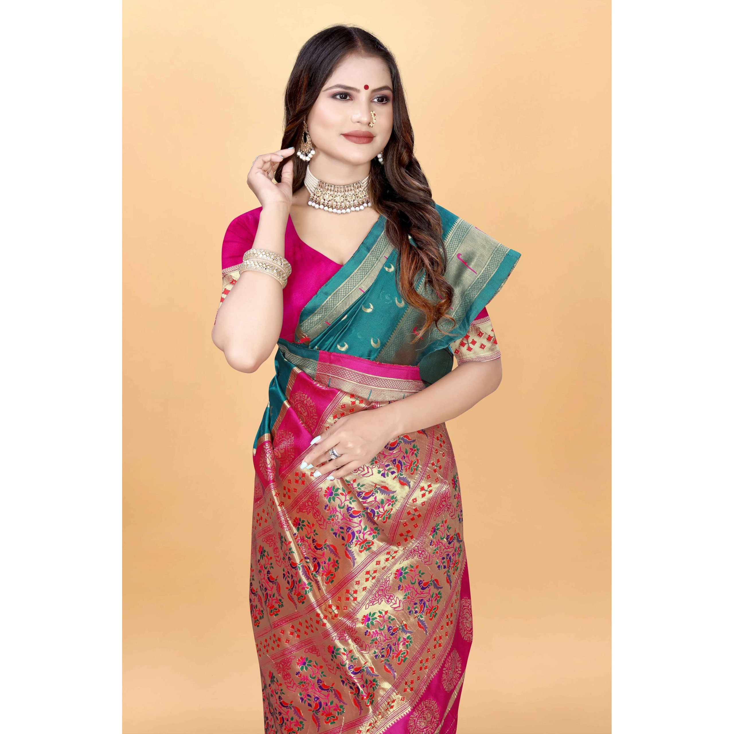 Sugathari Women's Banarasi Saree Pure Paithani Kanjivaram Silk Soft New Ladies 2024 Design Wear Pattu Sarees Latest Cotton Party Sari Collections With Blouse Piece For Wedding Sadi (Pari-206 Rama)
