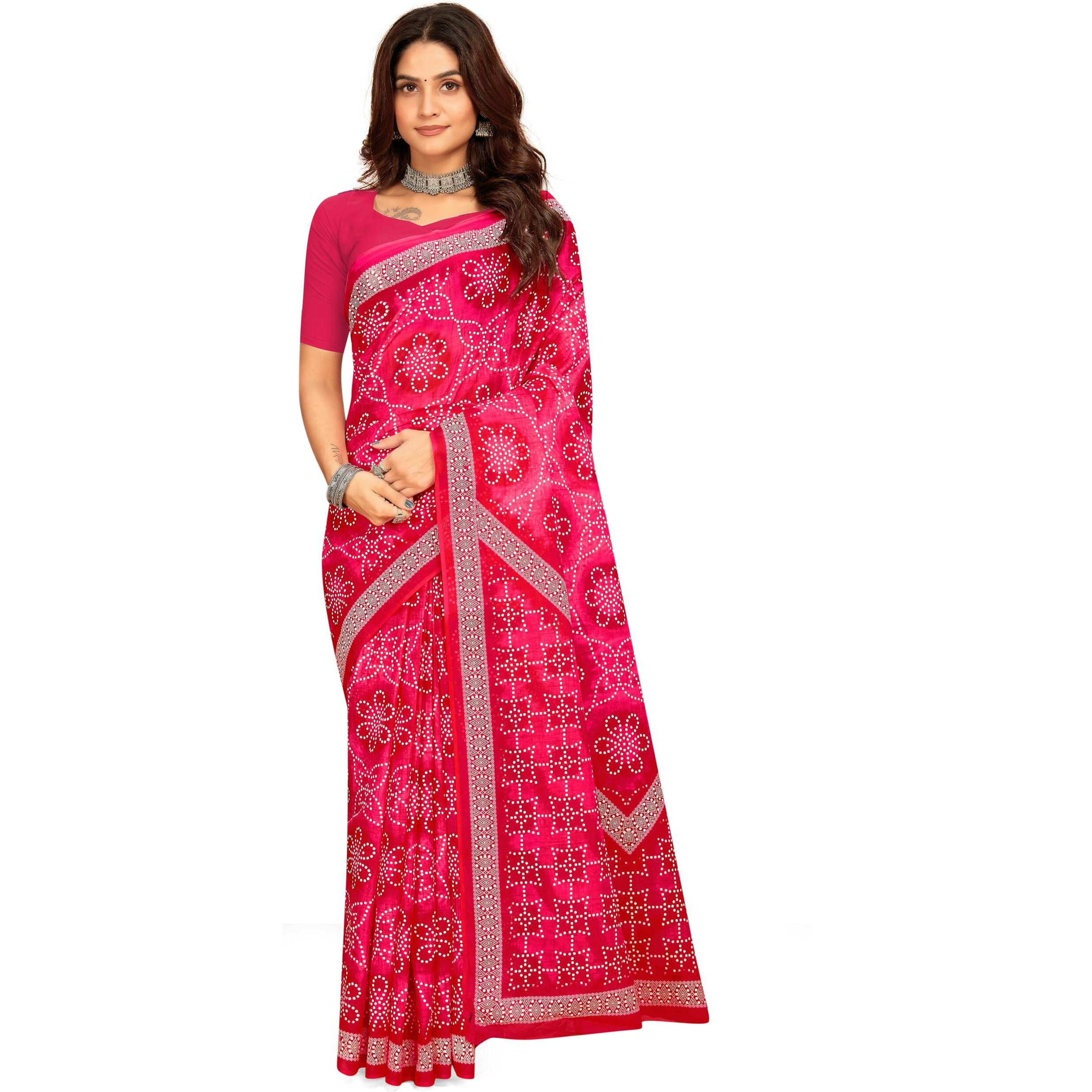 Tamaira Fashion Women's Bandhani Printed Pure Cotton Mulmul Saree Without Blouse Piece(11635_Pink)