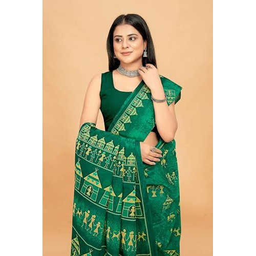 Tamaira Fashion Women's Warli Printed Pure Cotton Mulmul Saree Without Blouse Piece(11582_Seagreen)