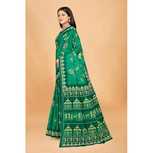 Tamaira Fashion Women's Warli Printed Pure Cotton Mulmul Saree Without Blouse Piece(11582_Seagreen)