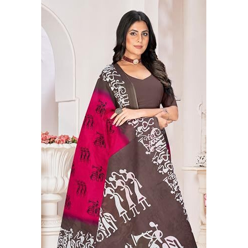 Tamaira Fashion Women's Printed Pure Cotton Mulmul Saree Without Blouse Piece(2501_Pink&Grey)