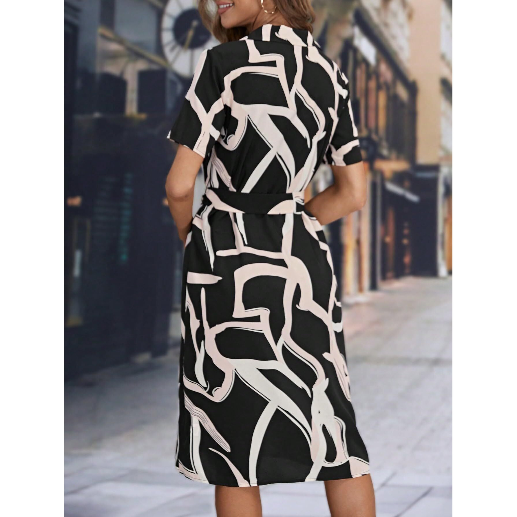 Shasmi Women's & Girl's Green Dress For Women L One Piece Dress For Women L Beach Dress For Women, Solid Printed Tie Front Collared V Neck Midi Dress (Dress 116 Black-L)