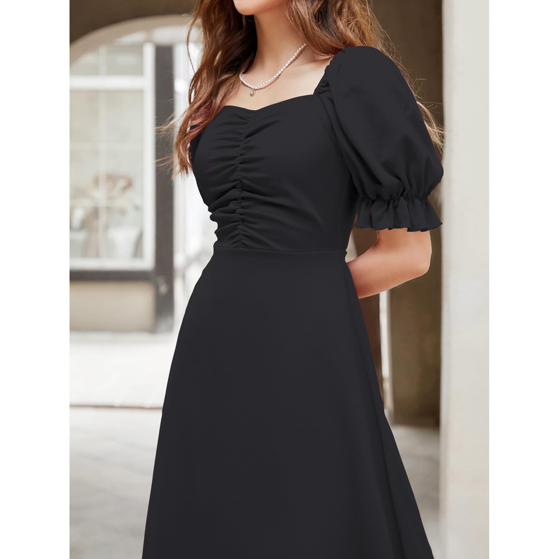 Shasmi Girl's & Women's Solid Black A-Line Ruched Puff Sleeve Maxi Long Evening One Piece Long Dress For Women Stylish (Dress 131 Black-L)