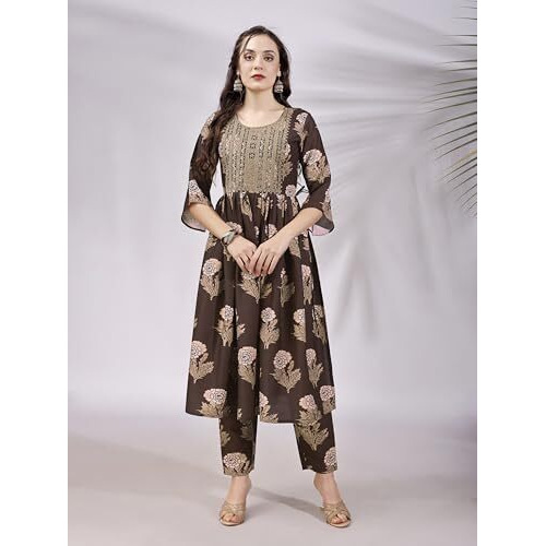Shienzy Women's Cotton Blend Floral Embroidered A-Line Kurta With Matching Pant Set || Round Neck 3/4 Sleeve Fit & Flared Kurta Set For Women (1480Sz_Cbrn_L)