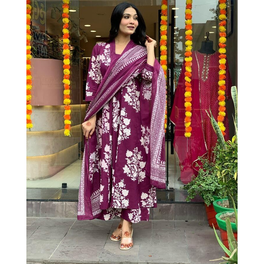 Toochki Dress For Women | Kurta Pant And Dupatta Set | Floral Printed Ethnic Dresses | Three Piece Embroidered | Ethnic Suit Set For Women | Cotton (Tkcbl-Mu-327-Wn-Etdg Parent)