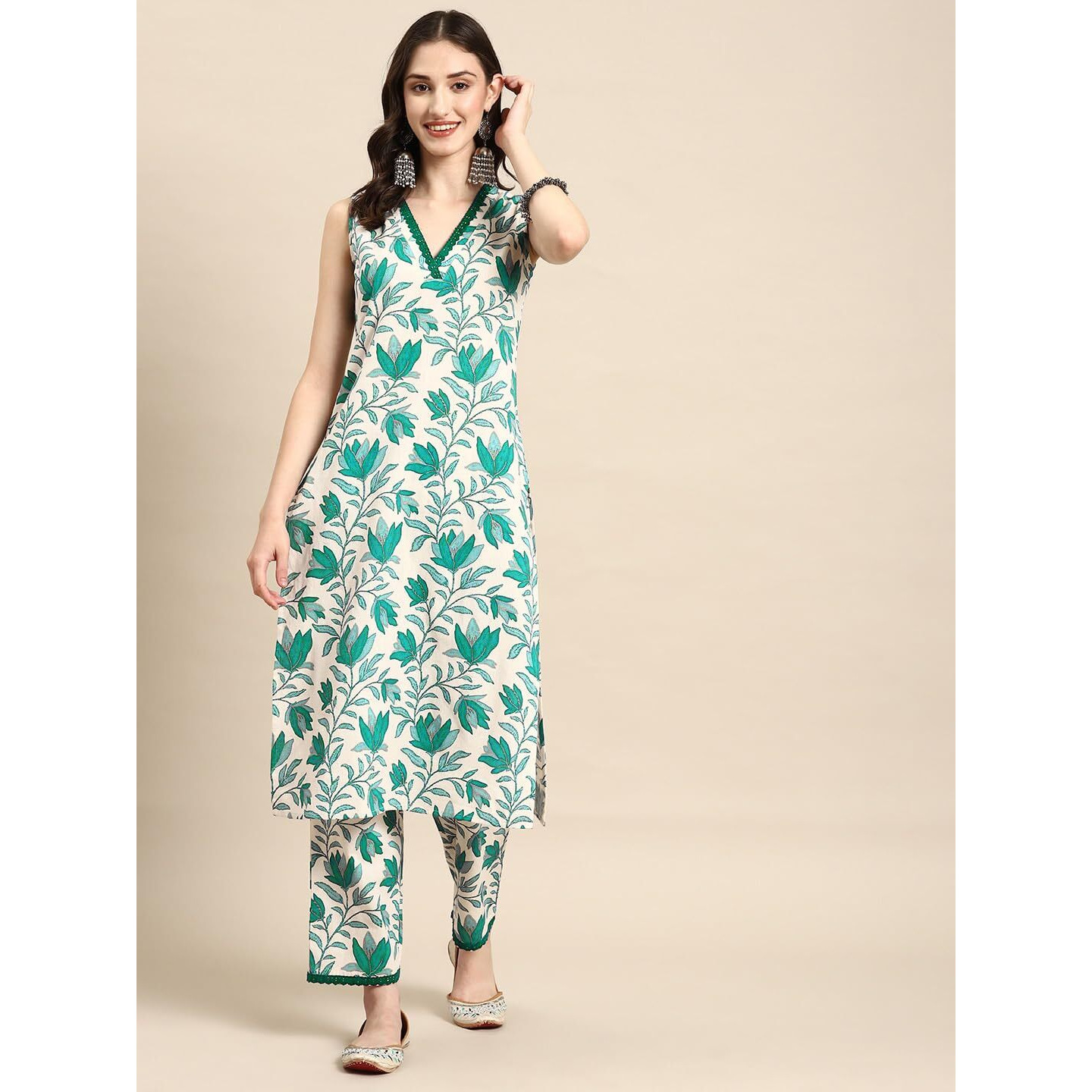 Smowkly V-Neck Sleeveless Kurta For Women (1435_Mgrn_Xl) Mint Green