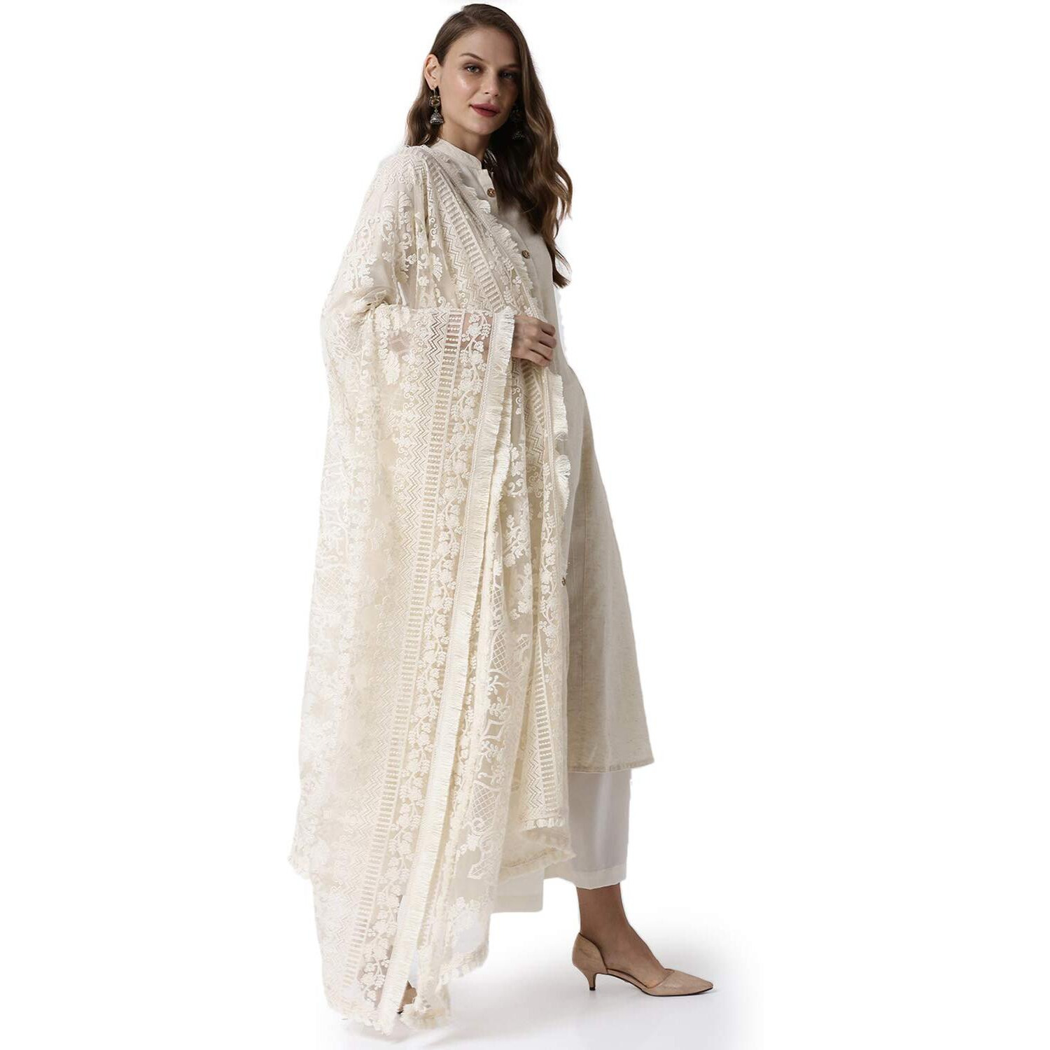 Soch Women Beige Crepe Embroidedred Dupatta