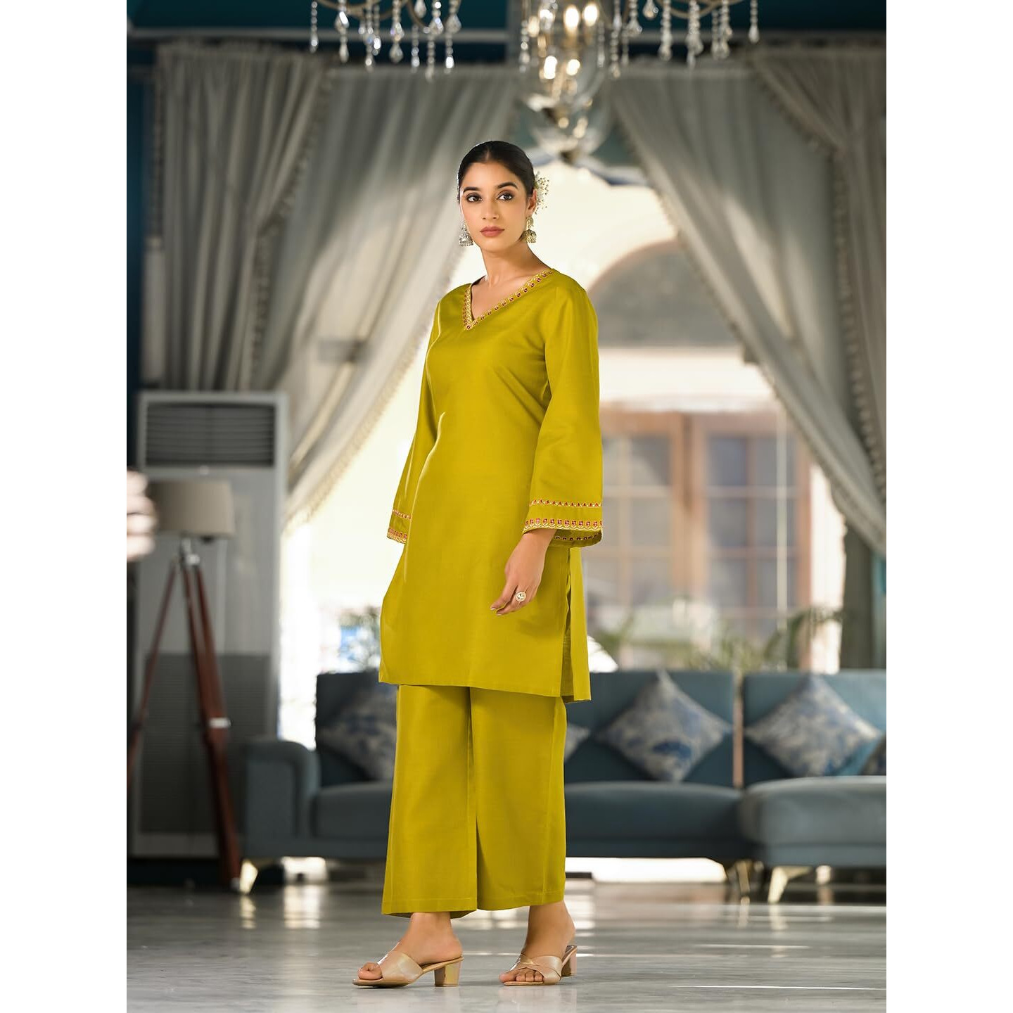 Varanga Women Green Embroidered V-Neck With Flared Sleeves Co-Ord Set  Elegant And Trendy Fashion