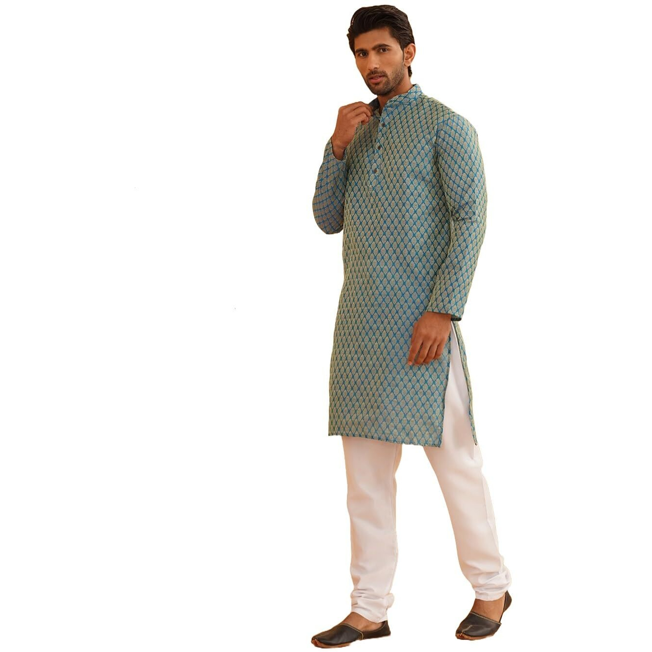 Sojanya (Since 1958 Men's Jacq Silk Peacock Blue Self Design Kurta & Off-White Churidar Pyjama Set