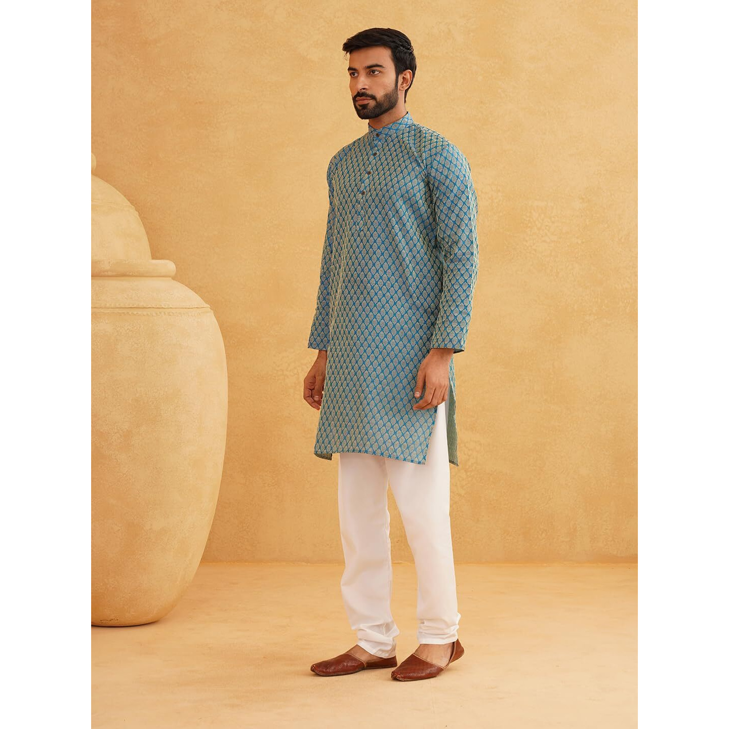 Sojanya (Since 1958 Men's Jacq Silk Peacock Blue Self Design Kurta & Off-White Churidar Pyjama Set