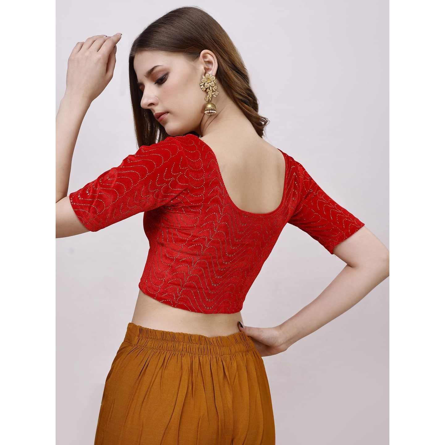 Vihu Fashion Women's Readymade Hosiery Velvet Lycra Stretchable Round Neck Half Sleeve Blouse With Jari Work Fancy Red Color Lycra Stretchable Blouse For Women Readymade Saree Blouse