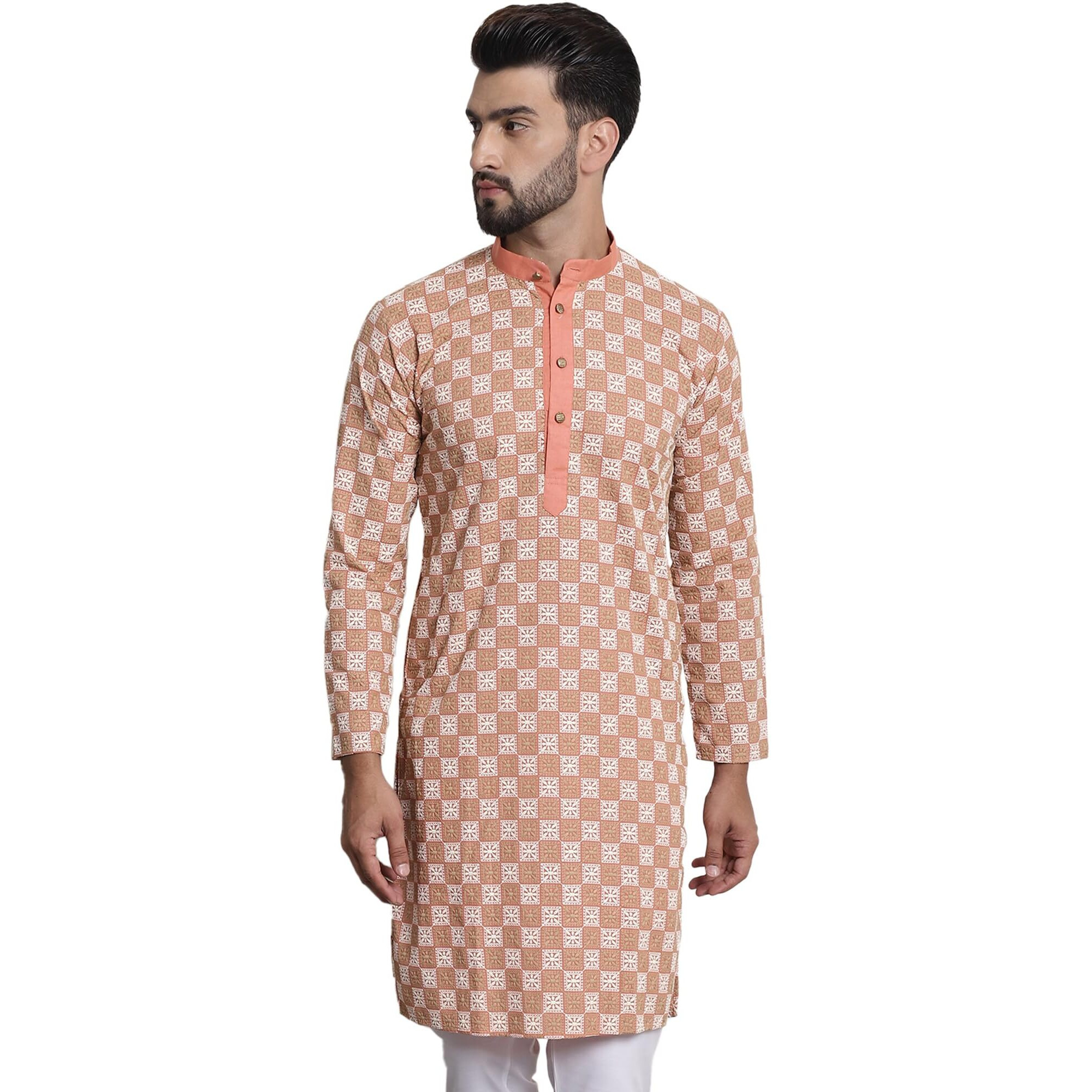 Sojanya (Since 1958 Men's Cotton Peach Kurta With Multi Color Designer Embroidery