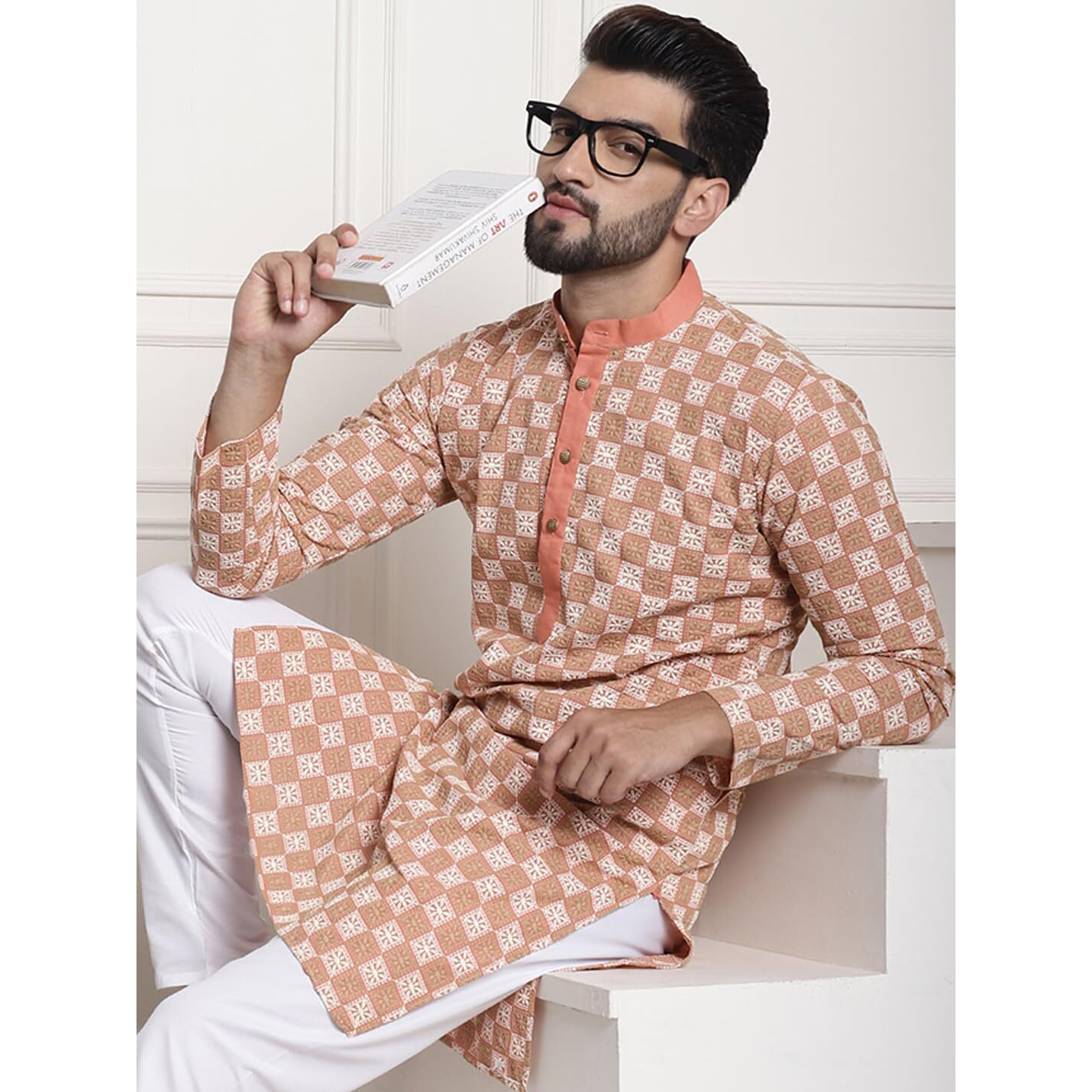 Sojanya (Since 1958 Men's Cotton Peach Kurta With Multi Color Designer Embroidery