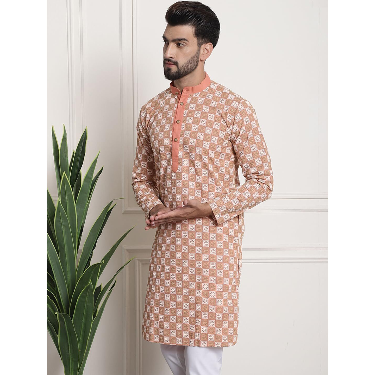 Sojanya (Since 1958 Men's Cotton Peach Kurta With Multi Color Designer Embroidery