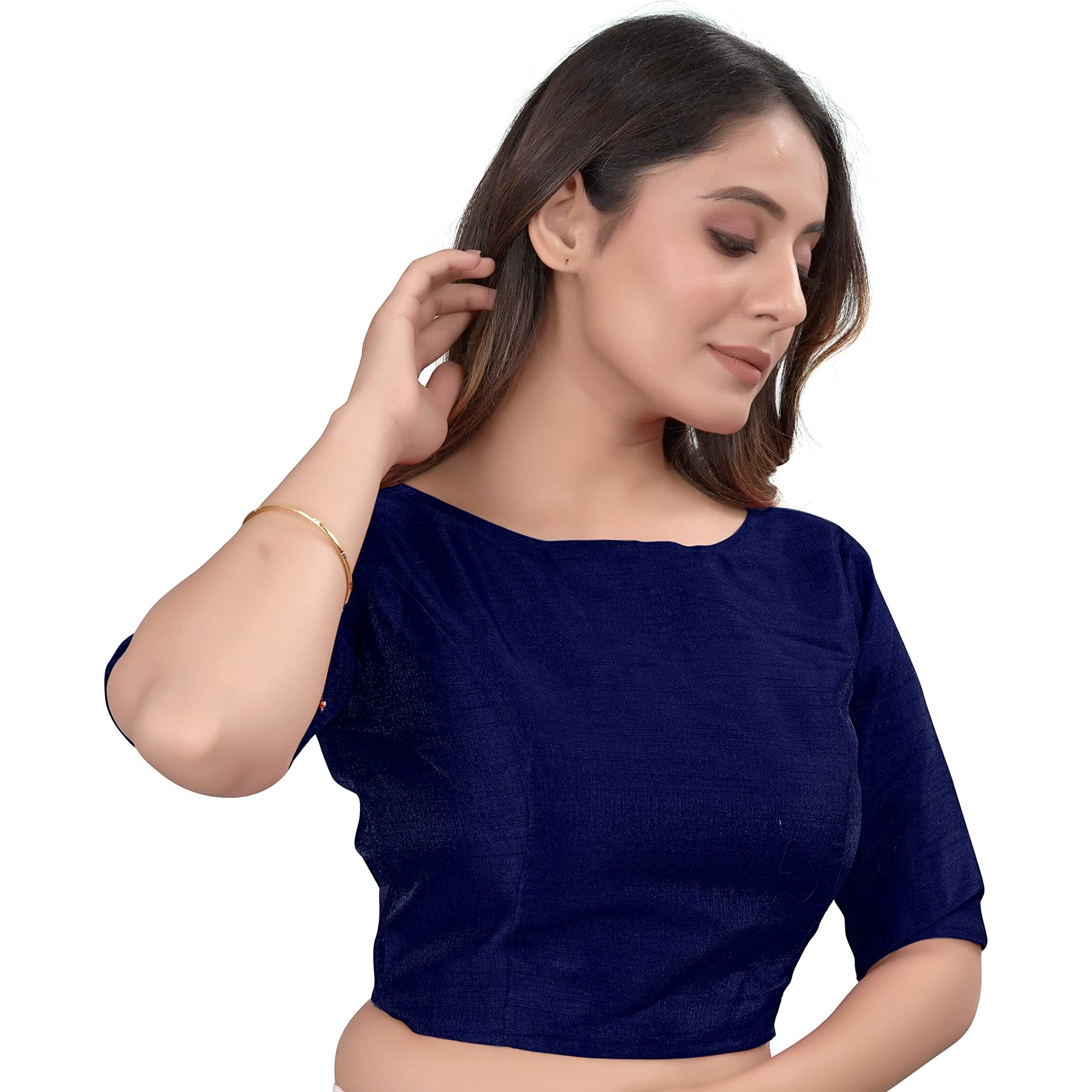 Vihu Fashion Women's Slub Silk Boat Neck With Elbow Length Sleeve Plain Fancy Blouse(Slub Navy Blue_M)