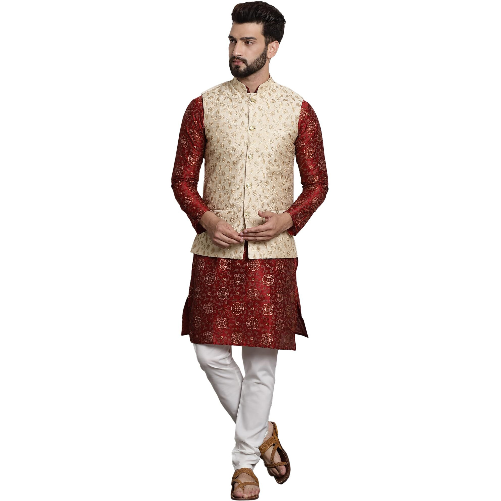 Sojanya (Since 1958 Men's Silk Blend Maroon Kurta & Cream Pyjama With Beige Embroiderd Nehrujacket