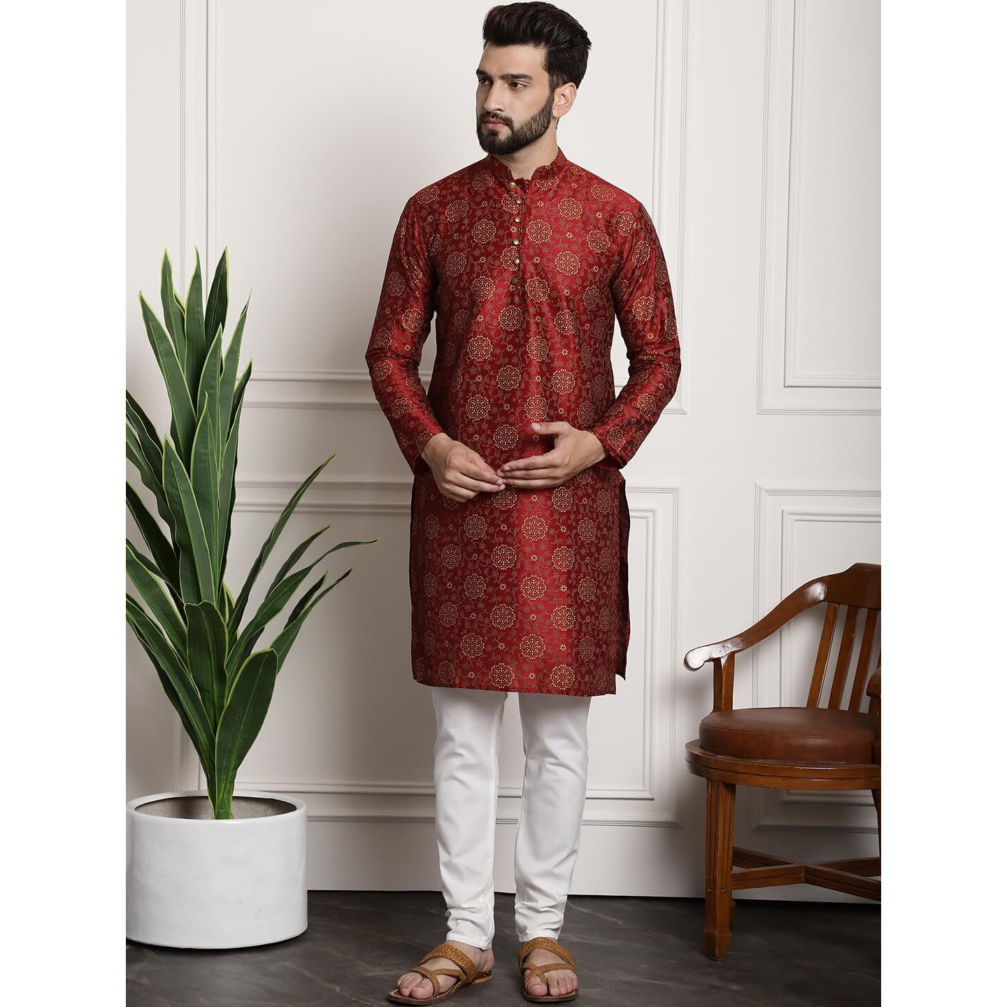 Sojanya (Since 1958 Men's Silk Blend Maroon Kurta & Cream Pyjama With Beige Embroiderd Nehrujacket