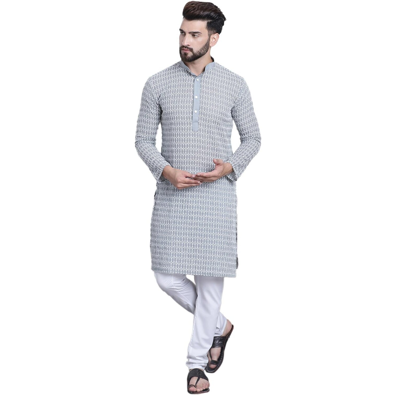 Sojanya (Since 1958 Men's Pure Cotton Grey Kurta With White Embroidery And White Pyjama Set
