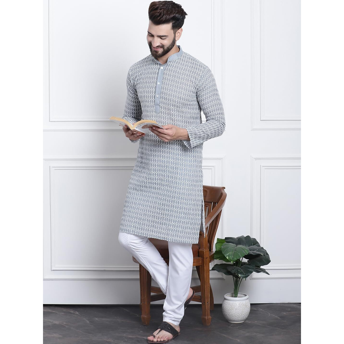 Sojanya (Since 1958 Men's Pure Cotton Grey Kurta With White Embroidery And White Pyjama Set