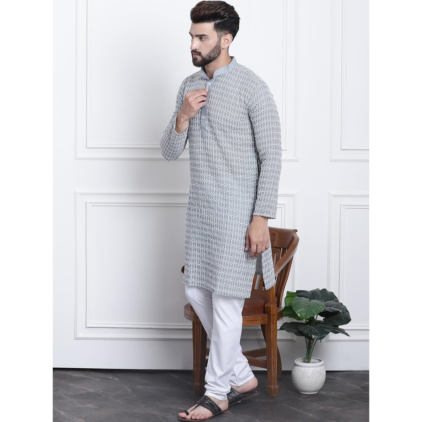 Sojanya (Since 1958 Men's Pure Cotton Grey Kurta With White Embroidery And White Pyjama Set