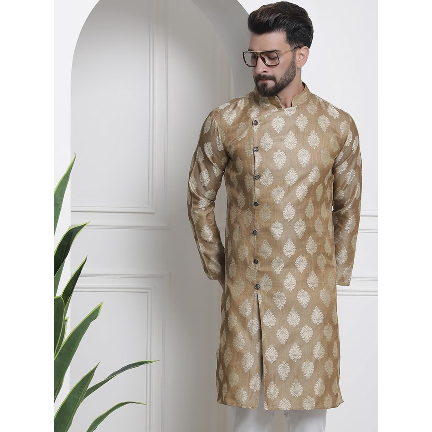 Sojanya (Since 1958 Men's Jacquard Silk Beige Only Long Kurta
