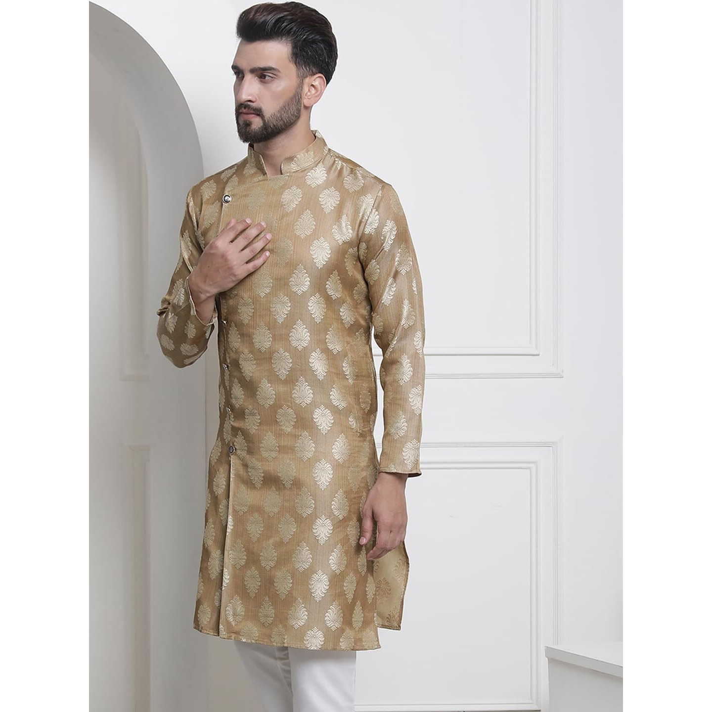 Sojanya (Since 1958 Men's Jacquard Silk Beige Only Long Kurta