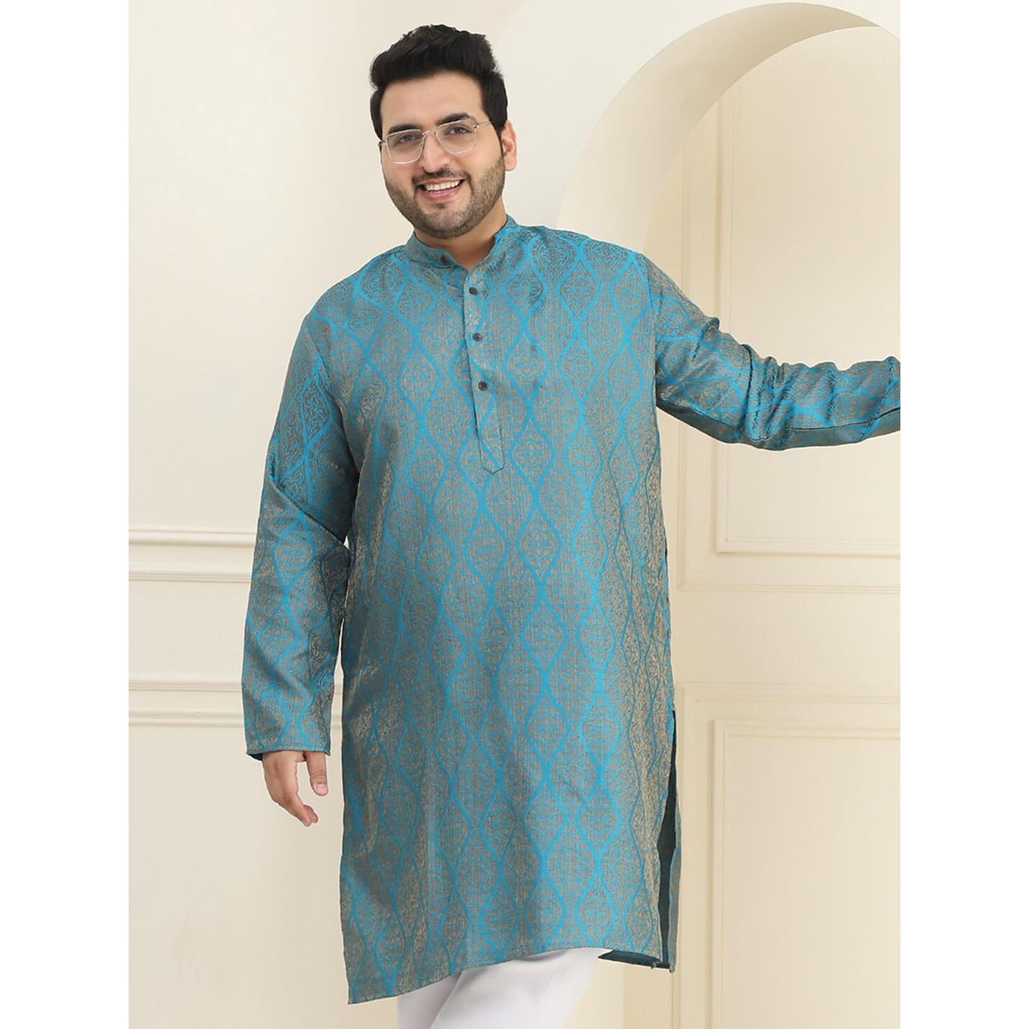 Sojanya Plus (Since 1958) Men's Jacquard Silk Teal Blue & Gold Only Long Kurta