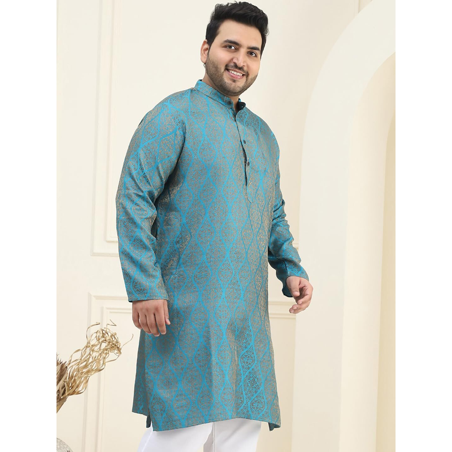 Sojanya Plus (Since 1958) Men's Jacquard Silk Teal Blue & Gold Only Long Kurta