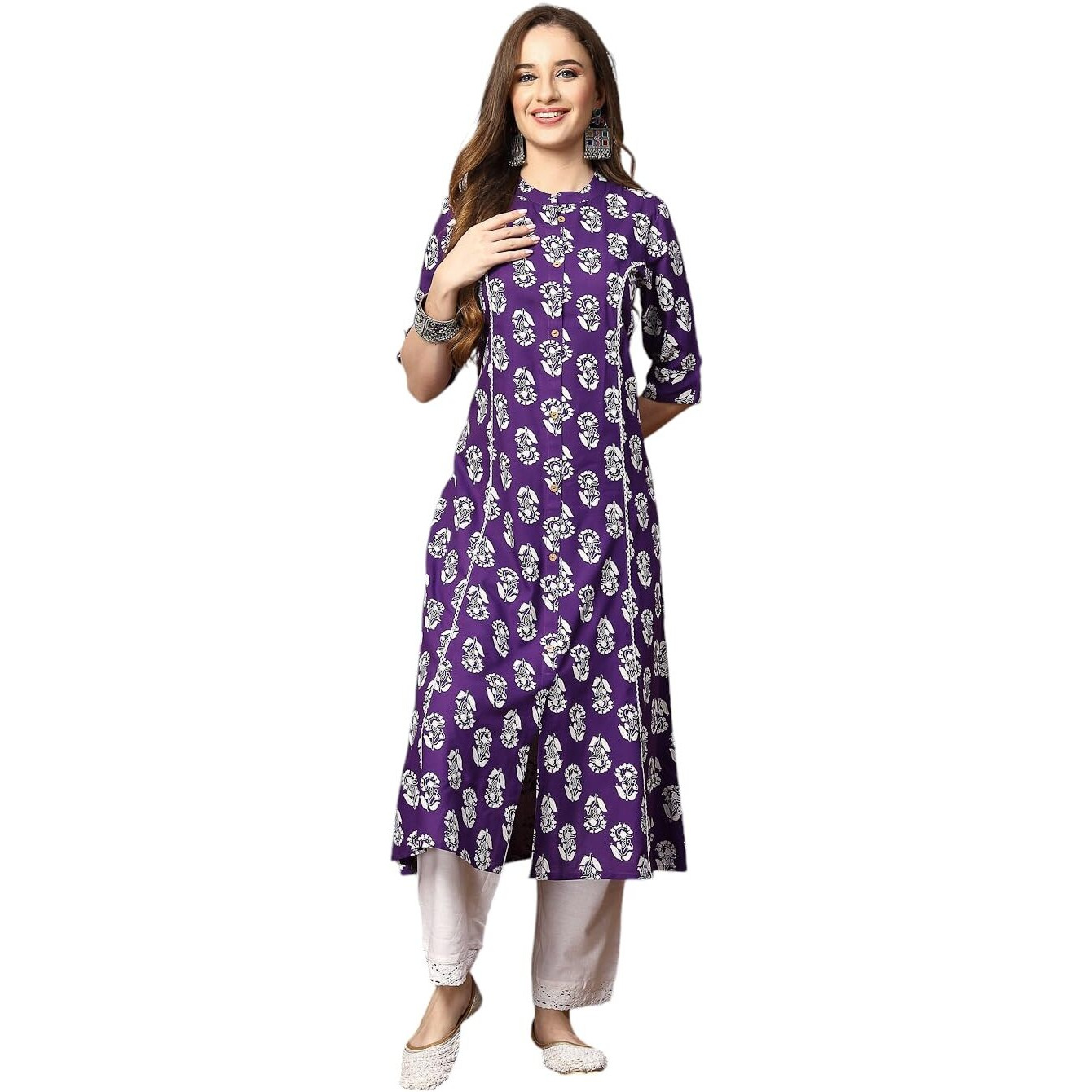 Stylum Women's Floral Printed Rayon A-Line Kurta (Johnyvoil42_Violet, Xl)