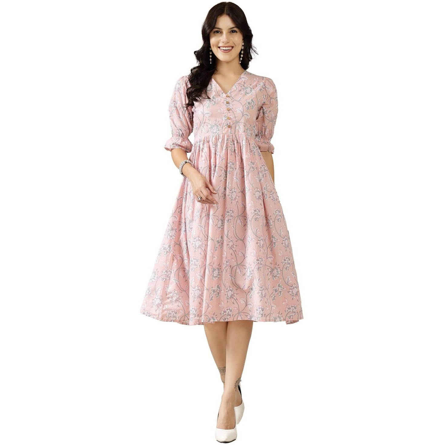 Stylum Women's Pestal Pink Ethnic Printed Cotton Flared Dress (Drspinkbubble_Baby Pink) (In, Alpha, 2Xl, Regular)