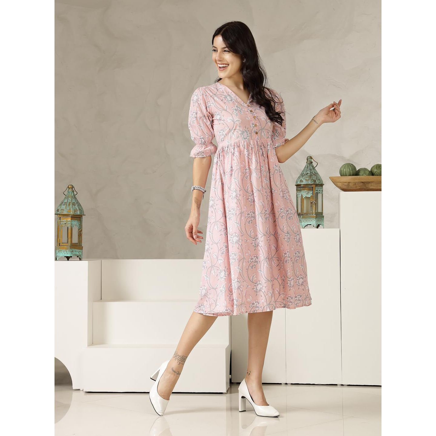 Stylum Women's Pestal Pink Ethnic Printed Cotton Flared Dress (Drspinkbubble_Baby Pink) (In, Alpha, 2Xl, Regular)