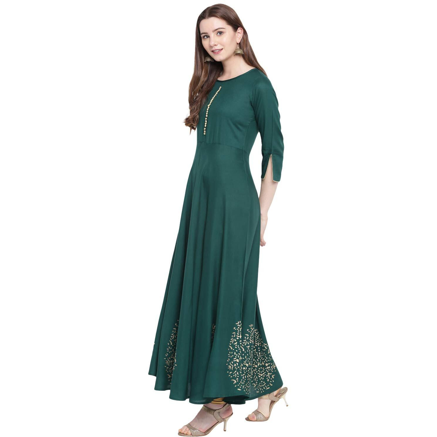 Stylum Women's Gold Print Rayon Kurta Dress (Mayurigreen38_Green, M)