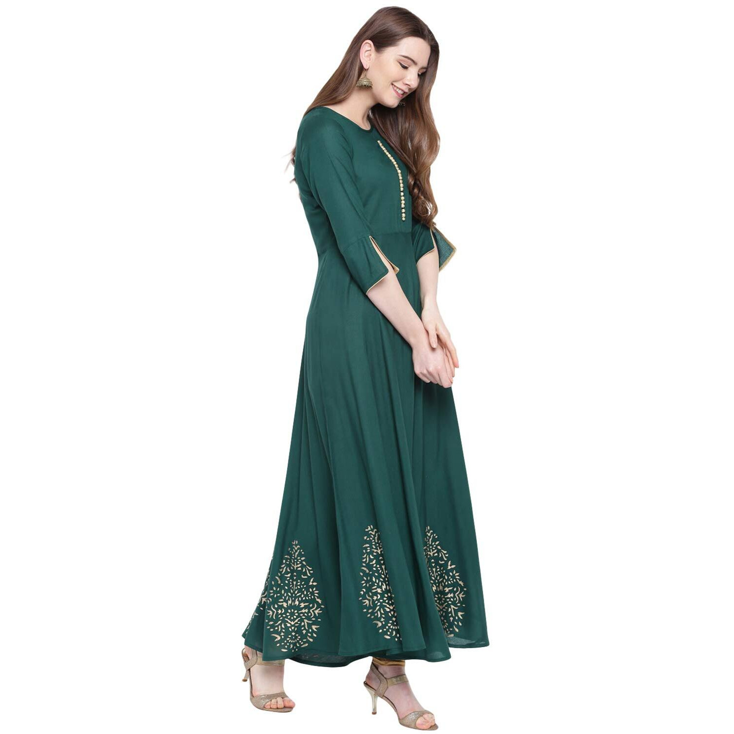 Stylum Women's Gold Print Rayon Kurta Dress (Mayurigreen38_Green, M)