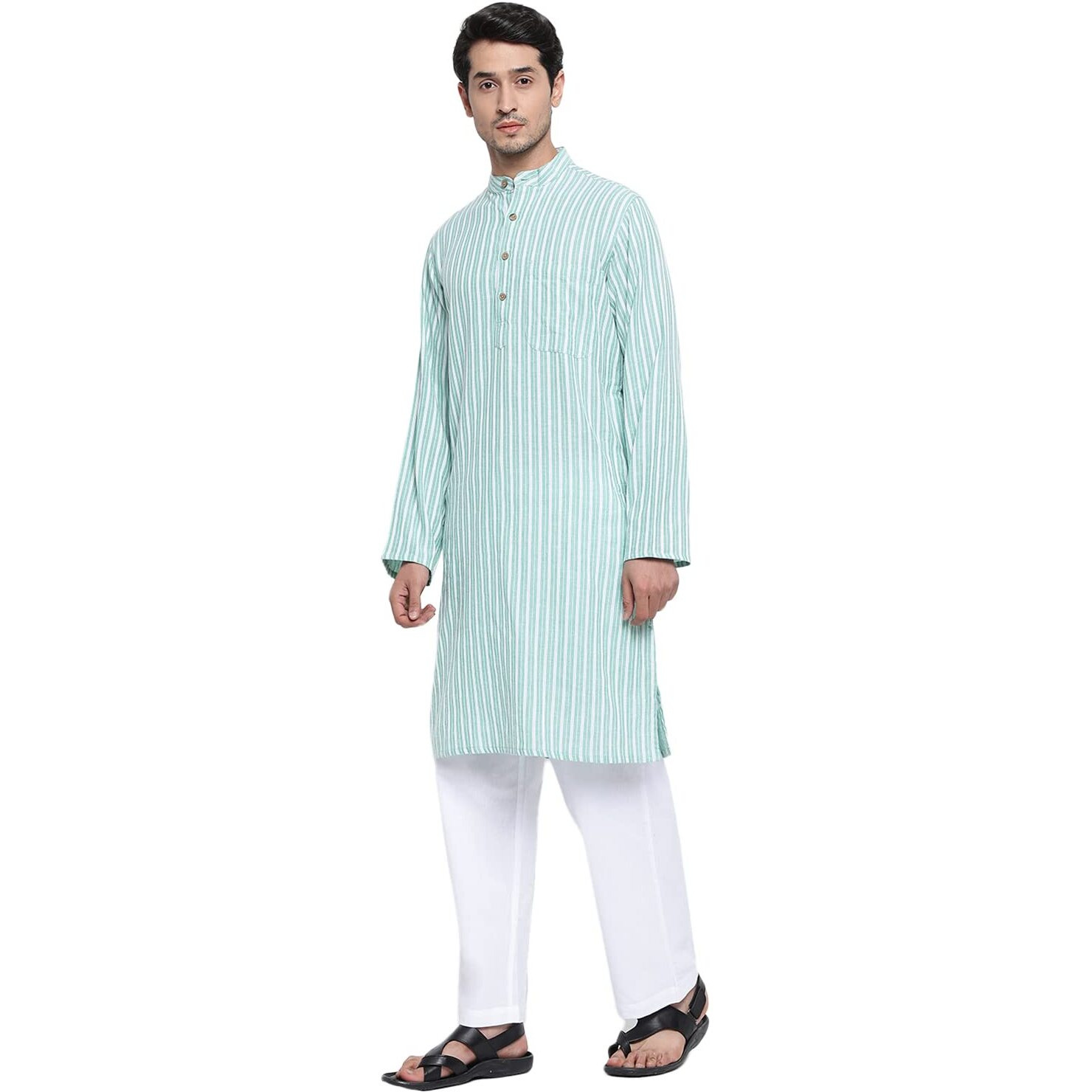 Fabindia Men Collar Cotton Dobby Slim Fit Long Kurta Chinese_Xs Green