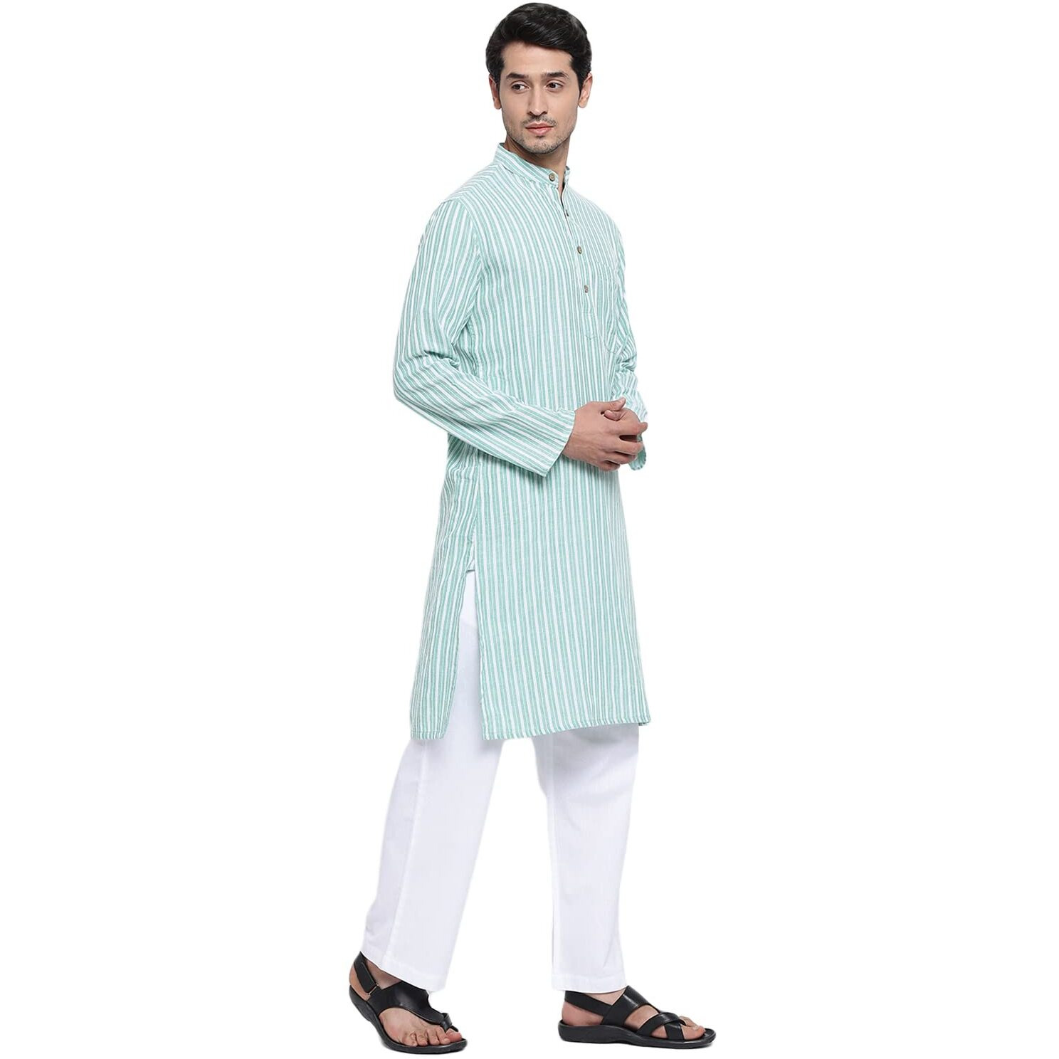 Fabindia Men Collar Cotton Dobby Slim Fit Long Kurta Chinese_Xs Green