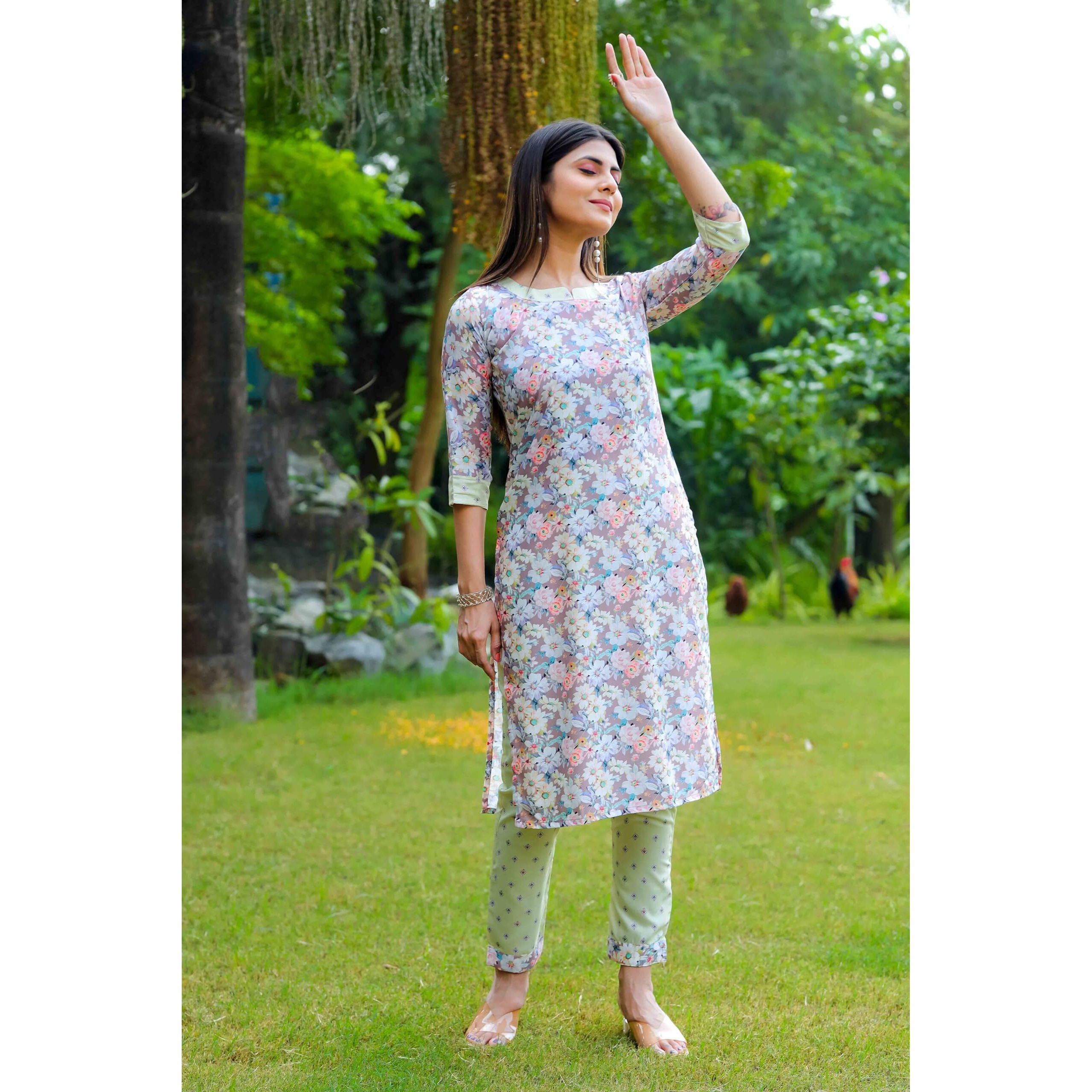 Sugathari Kurta Set For Women | Women Kurta | Women Kurta Sets Kurtis | Women Kurta Pant Set | Women Kurta Pant Set Women Kurti Set With Pant | Women Kurti Set With Pant Cotton (Kp 96 Grey Pista L)