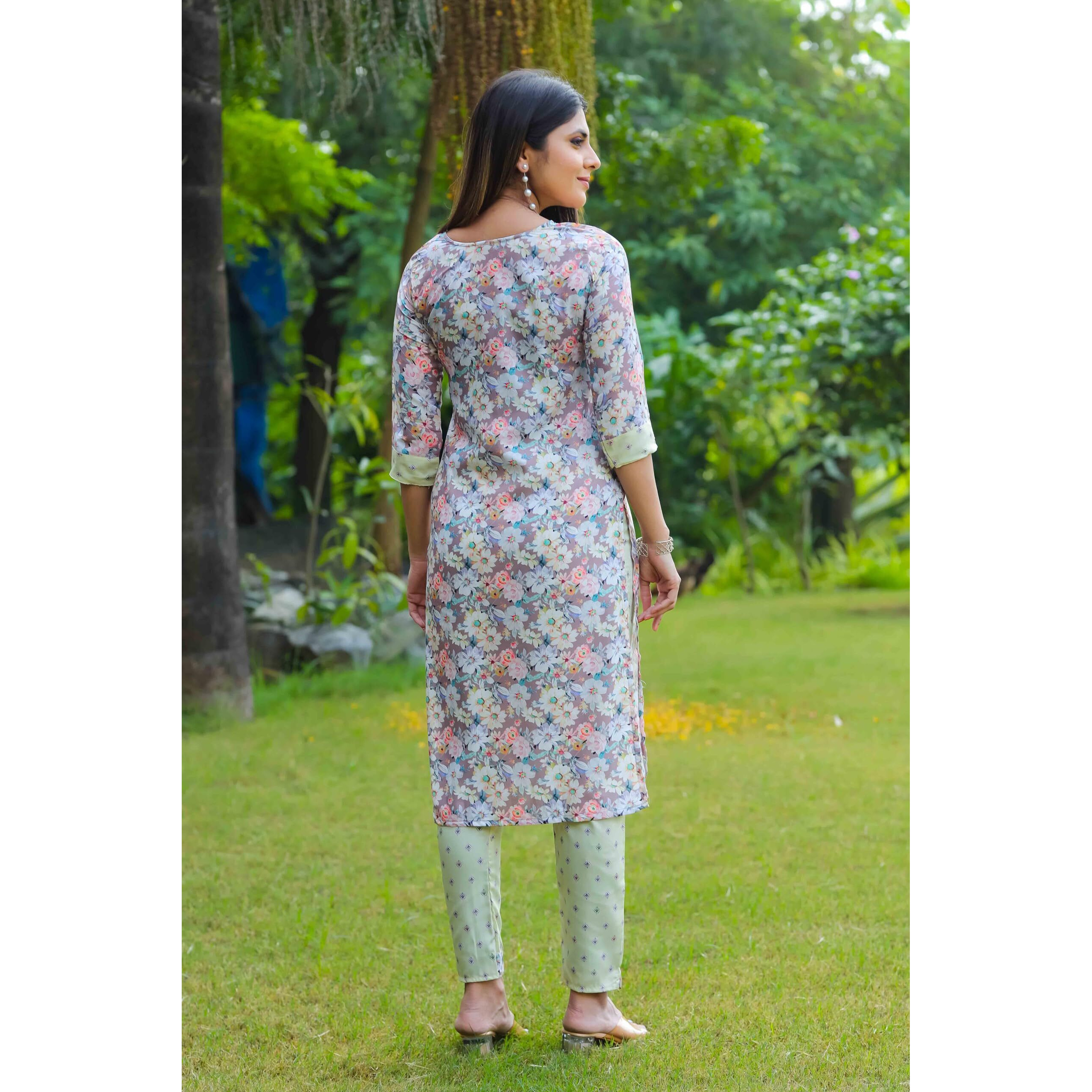 Sugathari Kurta Set For Women | Women Kurta | Women Kurta Sets Kurtis | Women Kurta Pant Set | Women Kurta Pant Set Women Kurti Set With Pant | Women Kurti Set With Pant Cotton (Kp 96 Grey Pista L)