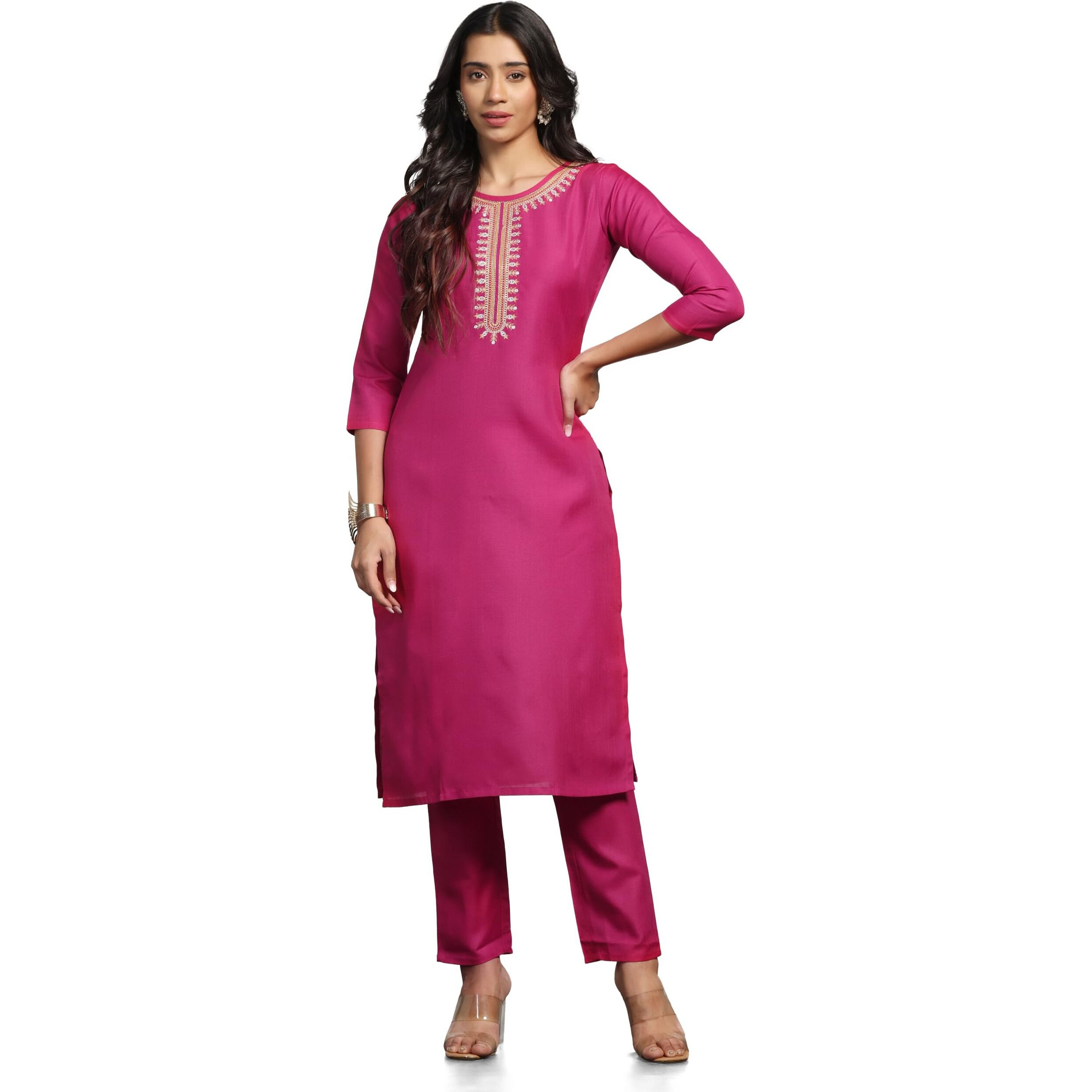 Tadkee Women Kurti And Pant Set With Embroidery Work (Fn-Kurti-Pant-Line-Work-113-Ranipink-M)