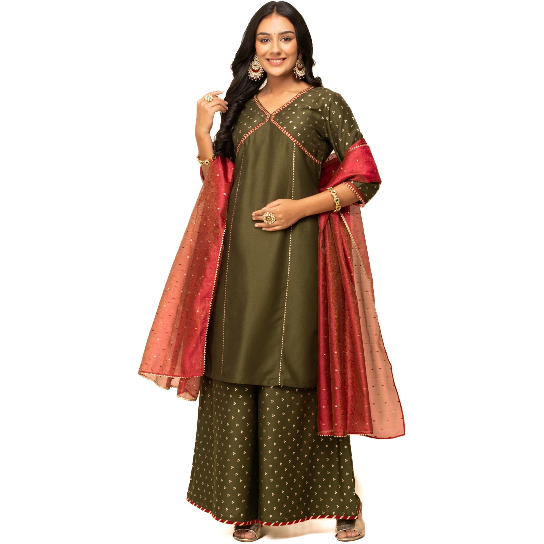 Fiorra Women's Green Silk Blend Straight Kurta With Palazzo And Dupatta Set0124