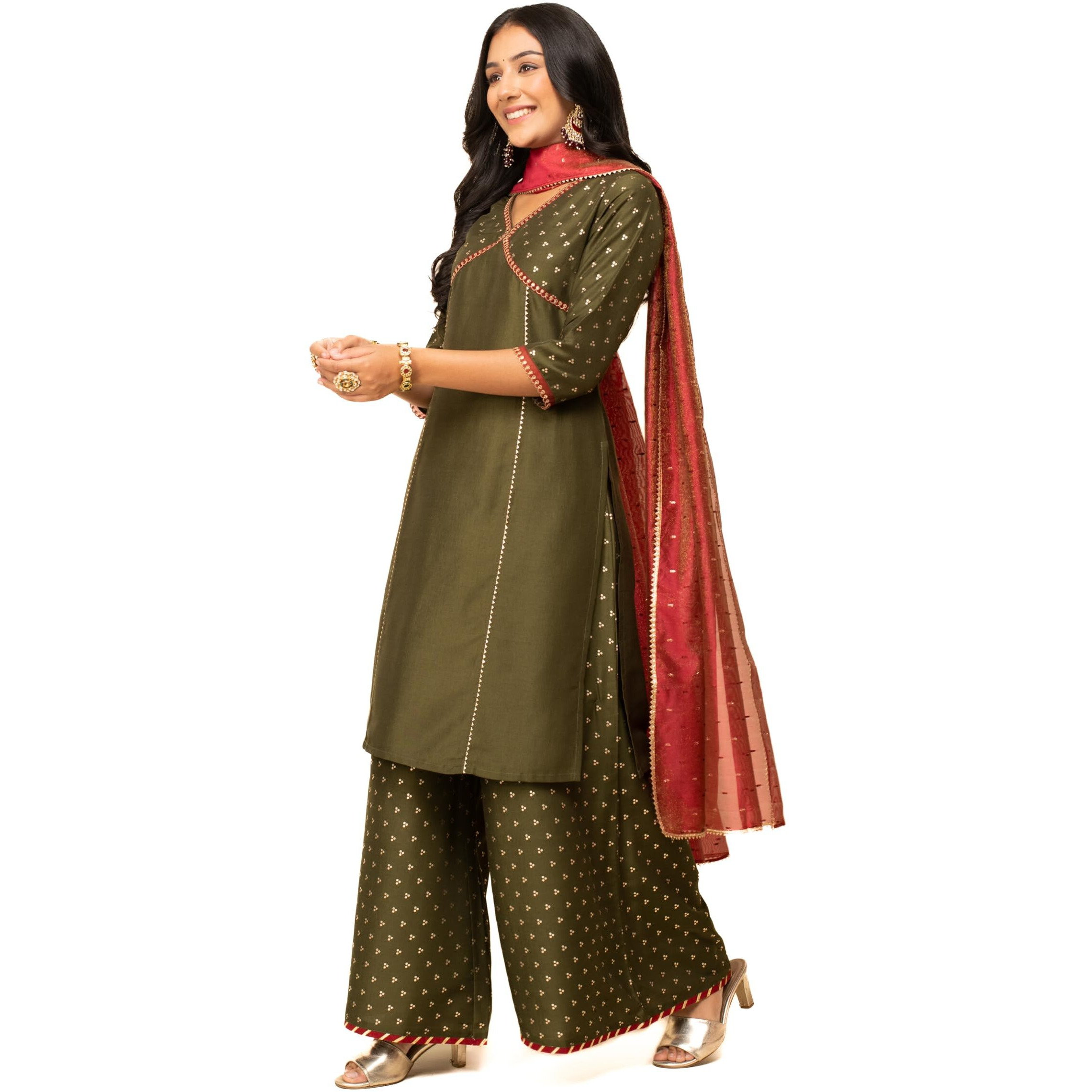 Fiorra Women's Green Silk Blend Straight Kurta With Palazzo And Dupatta Set0124