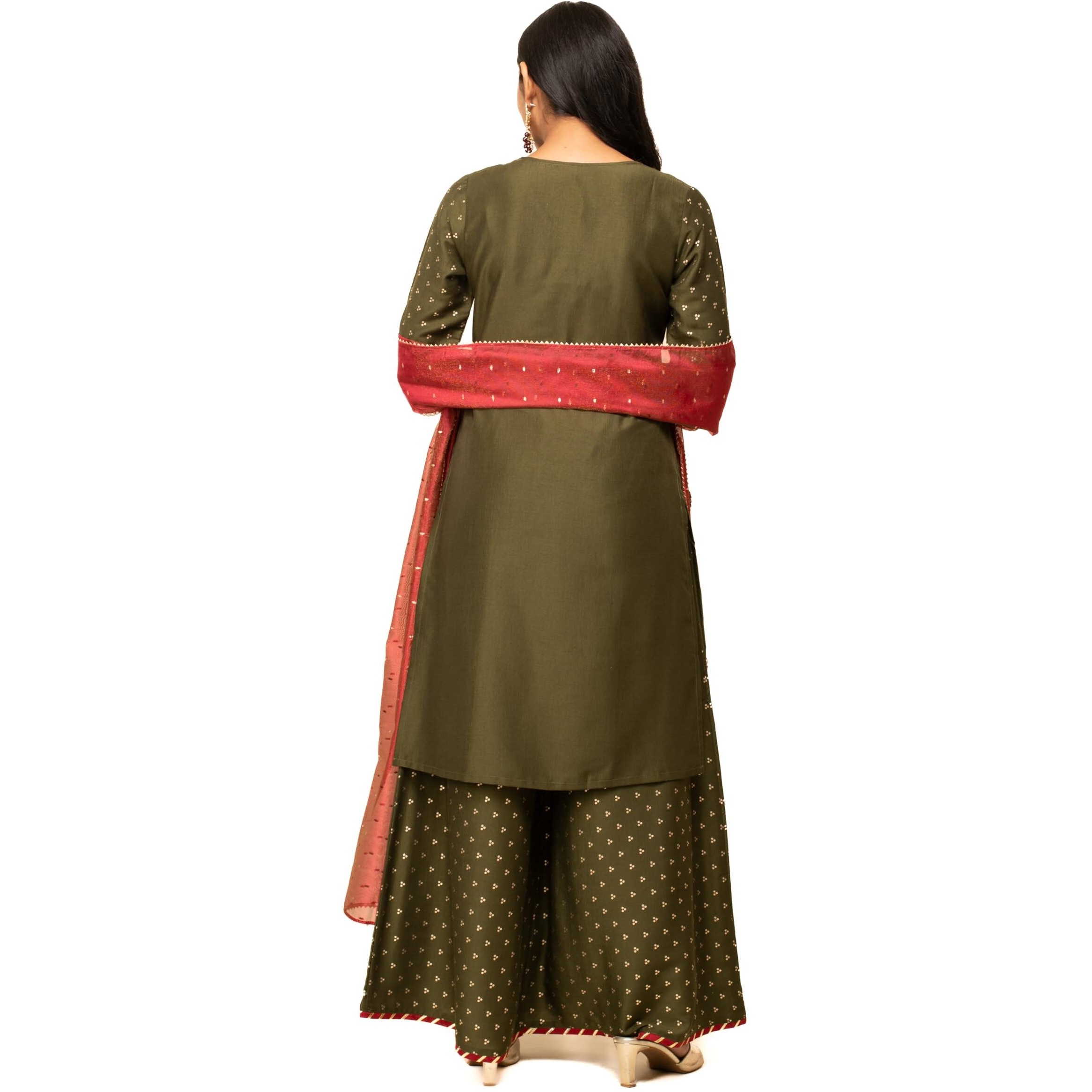 Fiorra Women's Green Silk Blend Straight Kurta With Palazzo And Dupatta Set0124