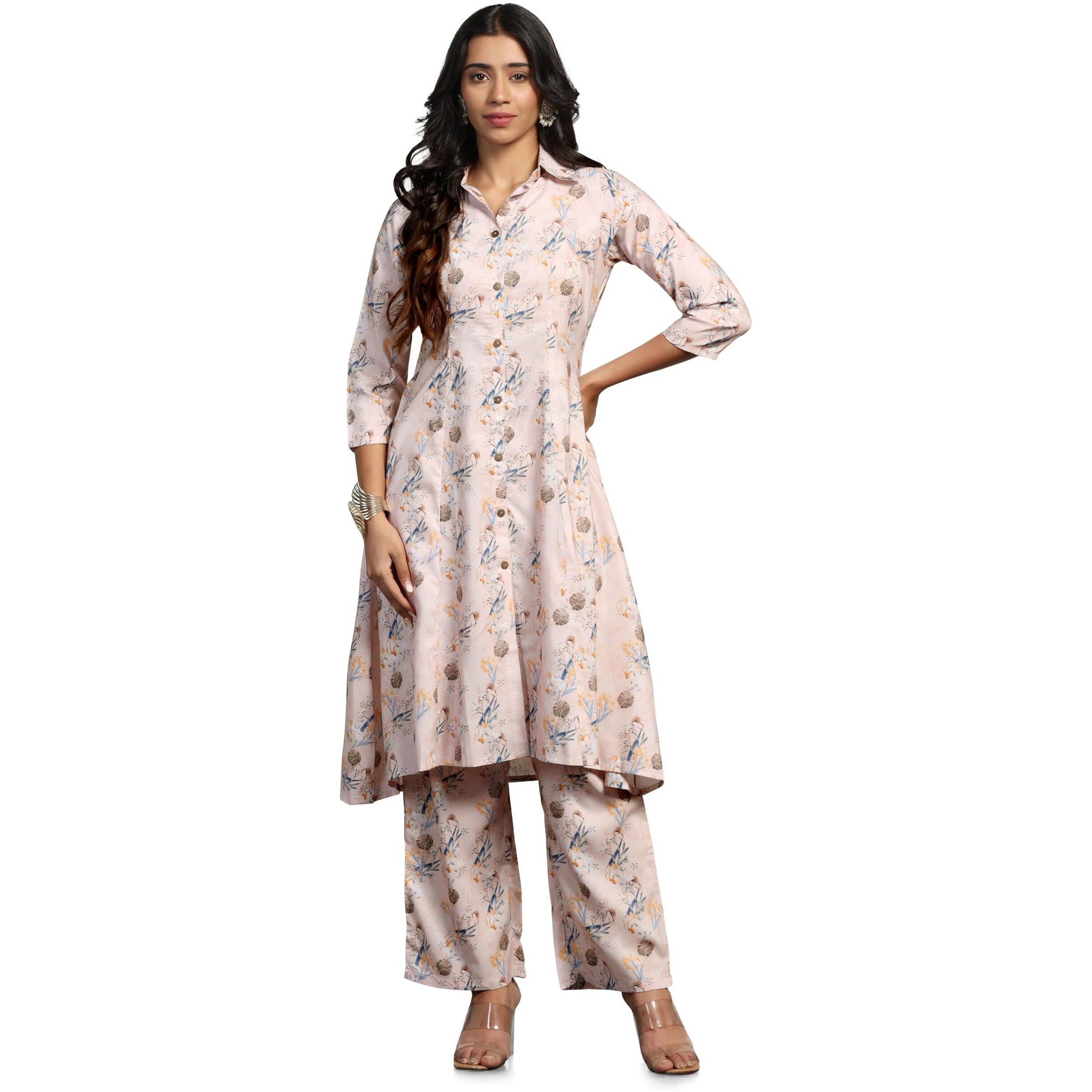 Tadkee Women Cotton Blend Printed Kurta With Plazzo (Fn-Collar-Pair-Floral-116-Cream-Xl)