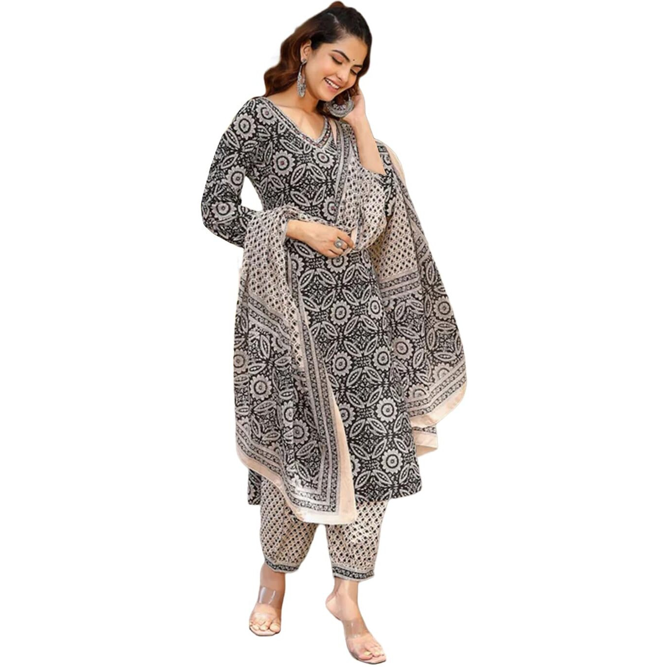 Tee Projekt Women's Cotton Blend V Neck Kurta Pant With Dupatta Set Ll Casual Wear Women Grey