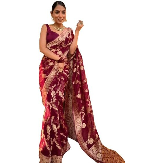 Flosive Women's Kanjivaram Silk Saree With Weaving Work Gold Zari With Blouse (Maroon)