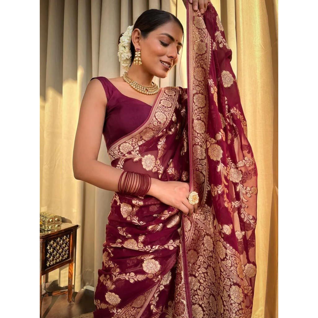 Flosive Women's Kanjivaram Silk Saree With Weaving Work Gold Zari With Blouse (Maroon)