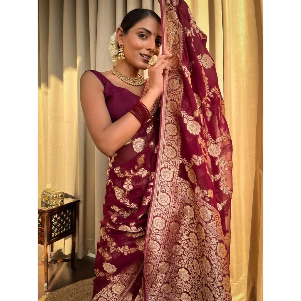 Flosive Women's Kanjivaram Silk Saree With Weaving Work Gold Zari With Blouse (Maroon)
