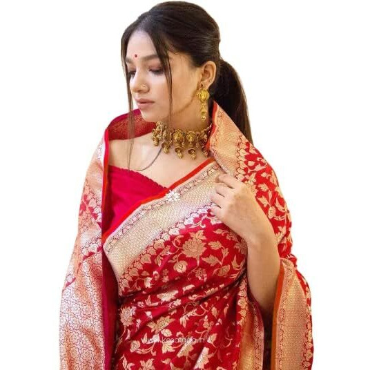 Flosive Women's Present Banarasi Soft Lichi Silk Saree Beautiful Jacquard Rich Pallu Ayn Design Work Zari Woven Kanjivaram Silk Style Saree With Soft Lichi Silk Blouse Piece (Red)